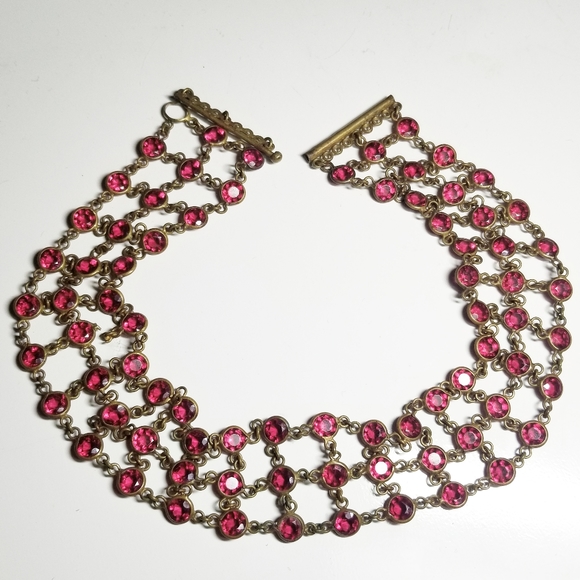 Vintage Jewelry - Vintage choker necklace slide pin clasp ruby red jewels gold tone